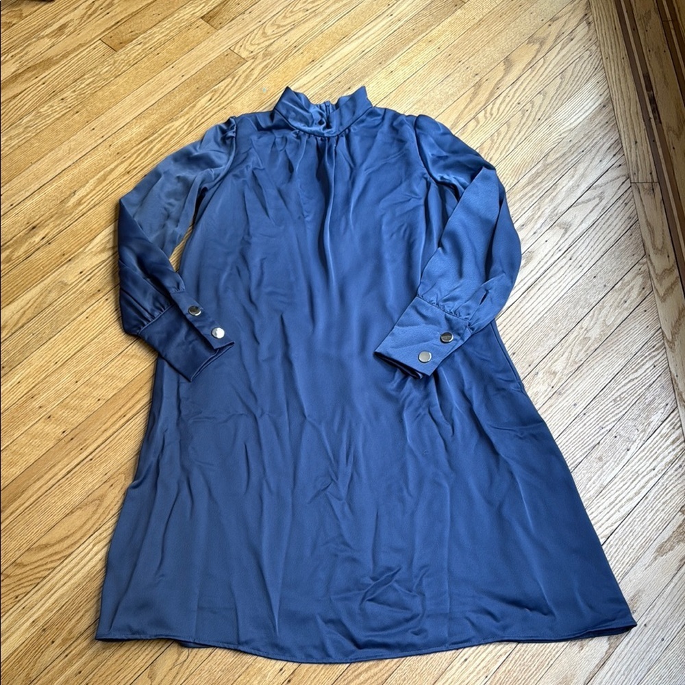 Minimalist Satin Shift Dress Long Sleeve Blue Size S